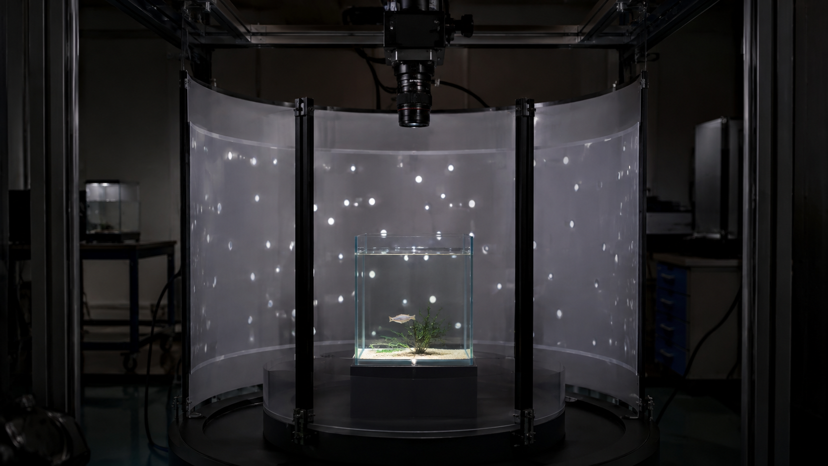 Petit aquarium posé au centre d’un écran cylindrique diffusant des points en mouvement, une caméra rapide fixée au-dessus.