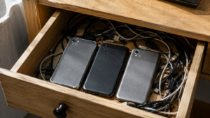 Un tiroir de bureau ouvert contenant trois anciens smartphones posés face contre bois et des câbles de charge emmêlés.