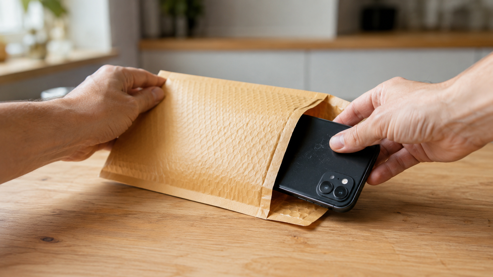 Deux mains glissent un smartphone d’occasion dans une enveloppe matelassée posée sur une table de cuisine.