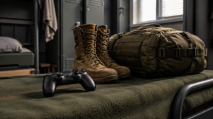 Une manette de jeu posée sur la couverture d’un lit de caserne, à côté de rangers alignés et d’un paquetage.
