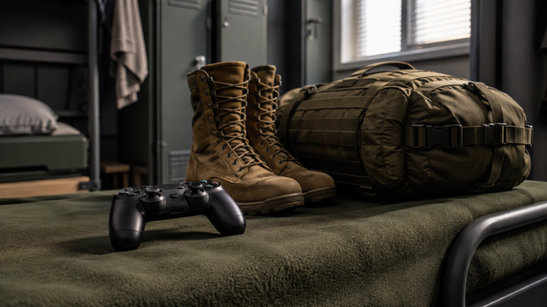 Une manette de jeu posée sur la couverture d’un lit de caserne, à côté de rangers alignés et d’un paquetage.