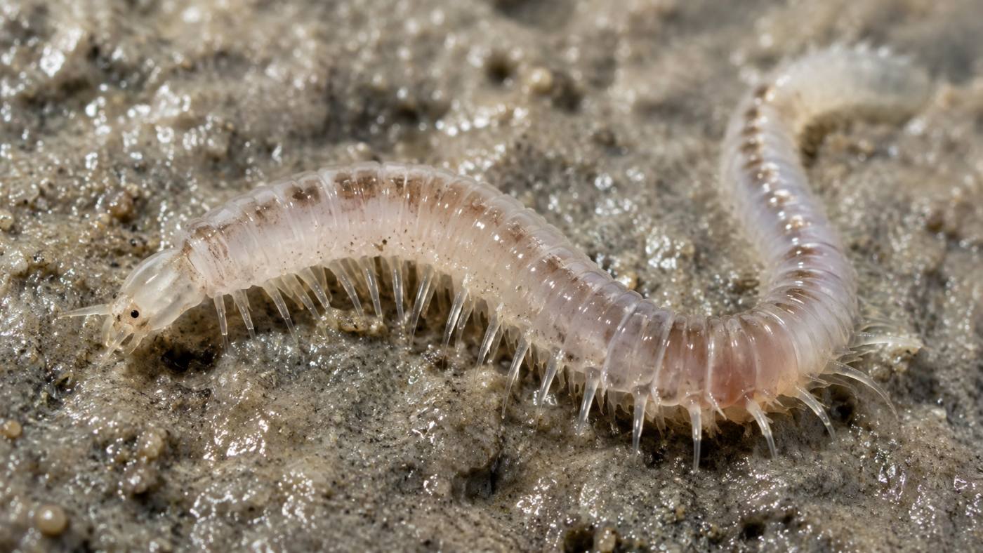 Gros plan d'un ver marin pâle et translucide posé sur un sédiment marin gris et humide parsemé de grains de sable