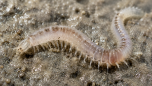 Gros plan d'un ver marin pâle et translucide posé sur un sédiment marin gris et humide parsemé de grains de sable