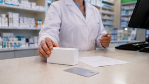 Mains d'un pharmacien posant une boîte de médicament blanche à côté d'une ordonnance et d'une carte bancaire sur un comptoir