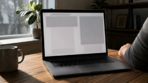 Ordinateur portable ouvert sur un bureau en bois, une main posée près du pavé tactile, écran flou et lumière du matin venant de la fenêtre.