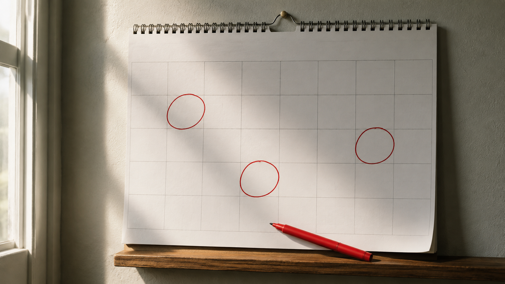 Page de calendrier mural en papier, trois dates entourées au stylo rouge, un stylo posé en travers, lumière naturelle rasante.