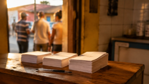 Comptoir en bois d'une petite boutique de loterie brésilienne en fin de journée, bulletins de jeu vierges et stylo au premier plan, clients flous à l'arrière-plan.