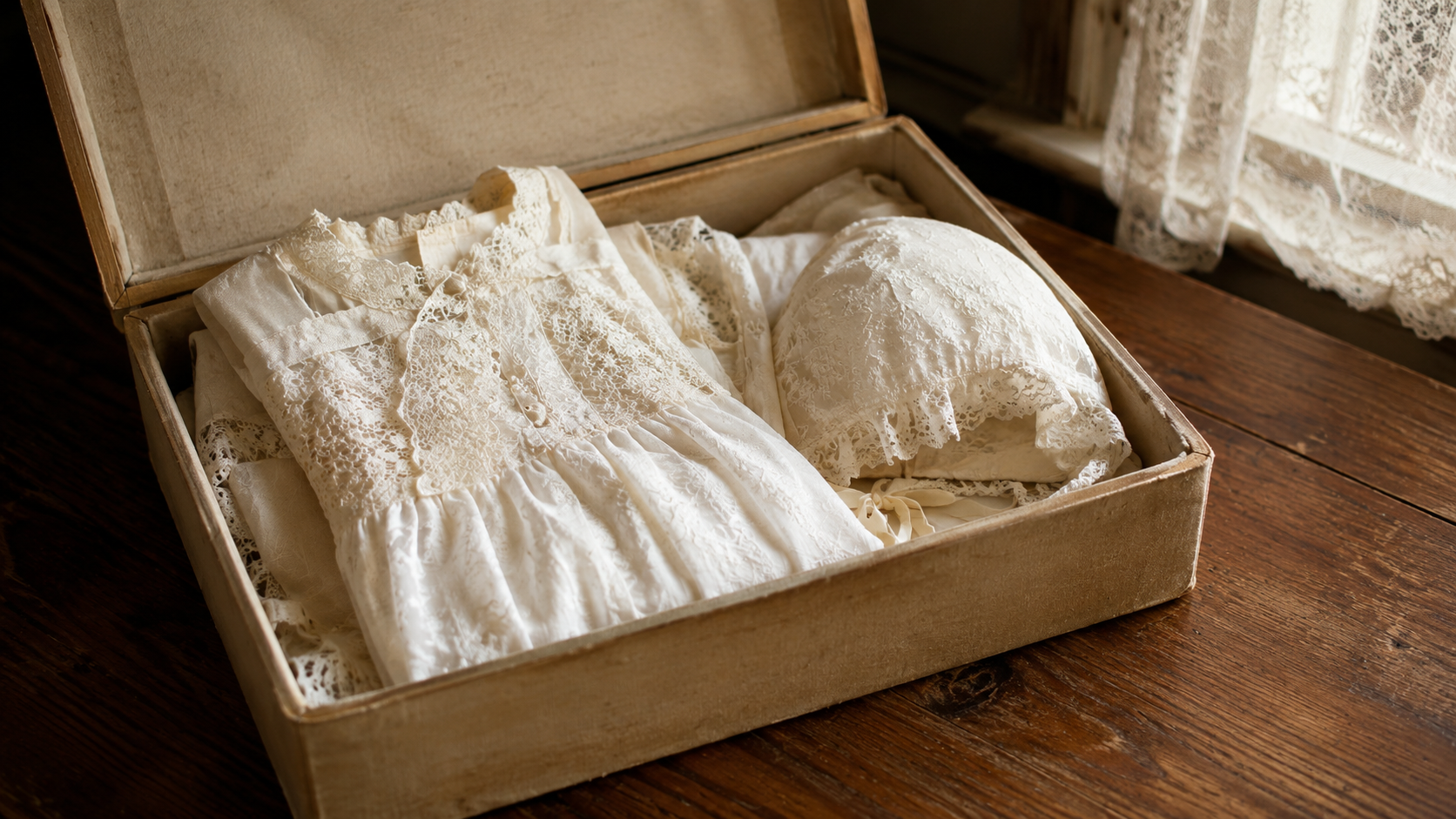 Linge de baptême ancien plié dans une boîte ouverte sur une table en bois : robe blanche à dentelle et bonnet brodé.