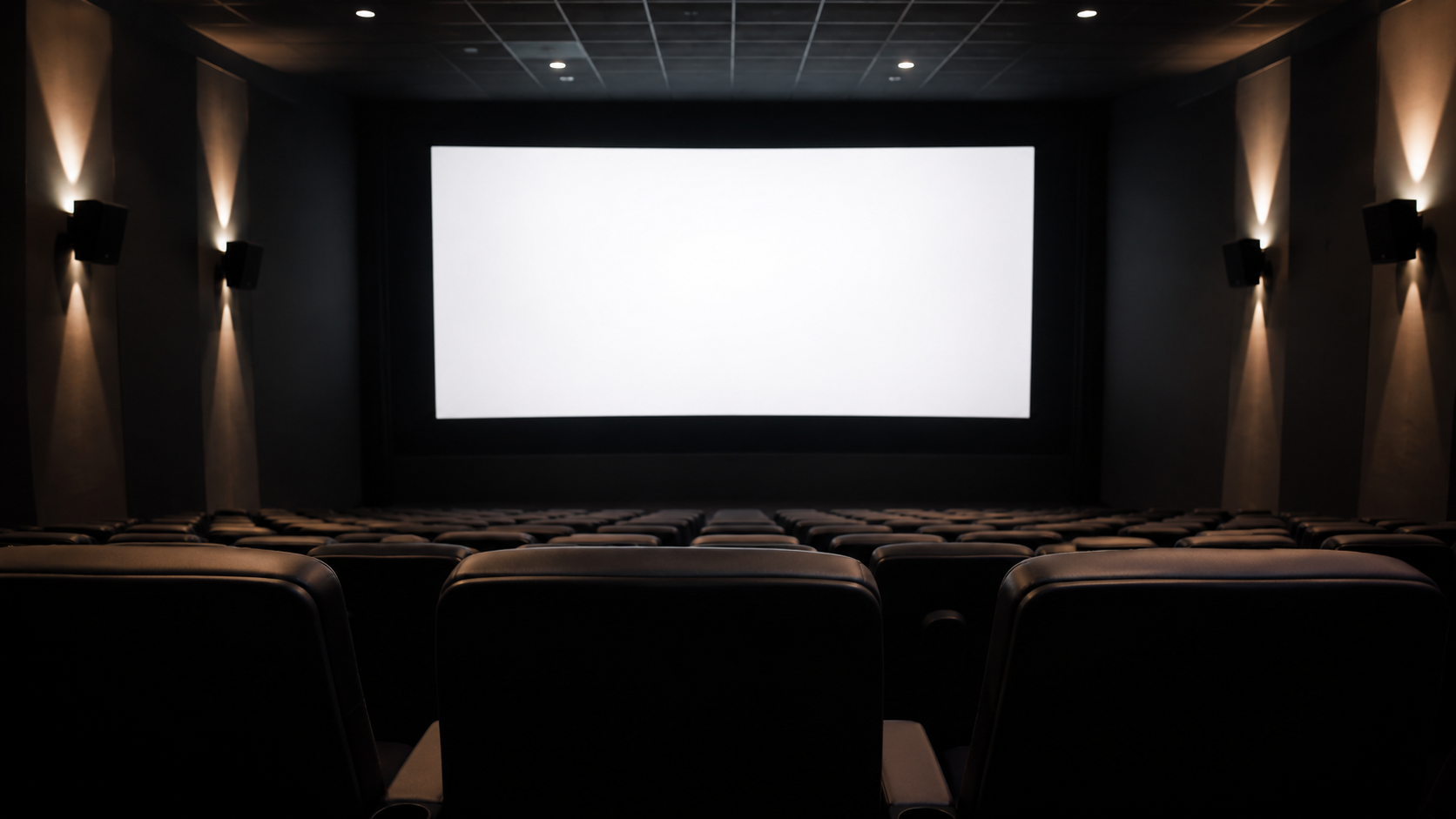 Petite salle de cinéma vue de la dernière rangée la nuit, fauteuils vides dans l’ombre au premier plan et écran blanc allumé au fond.