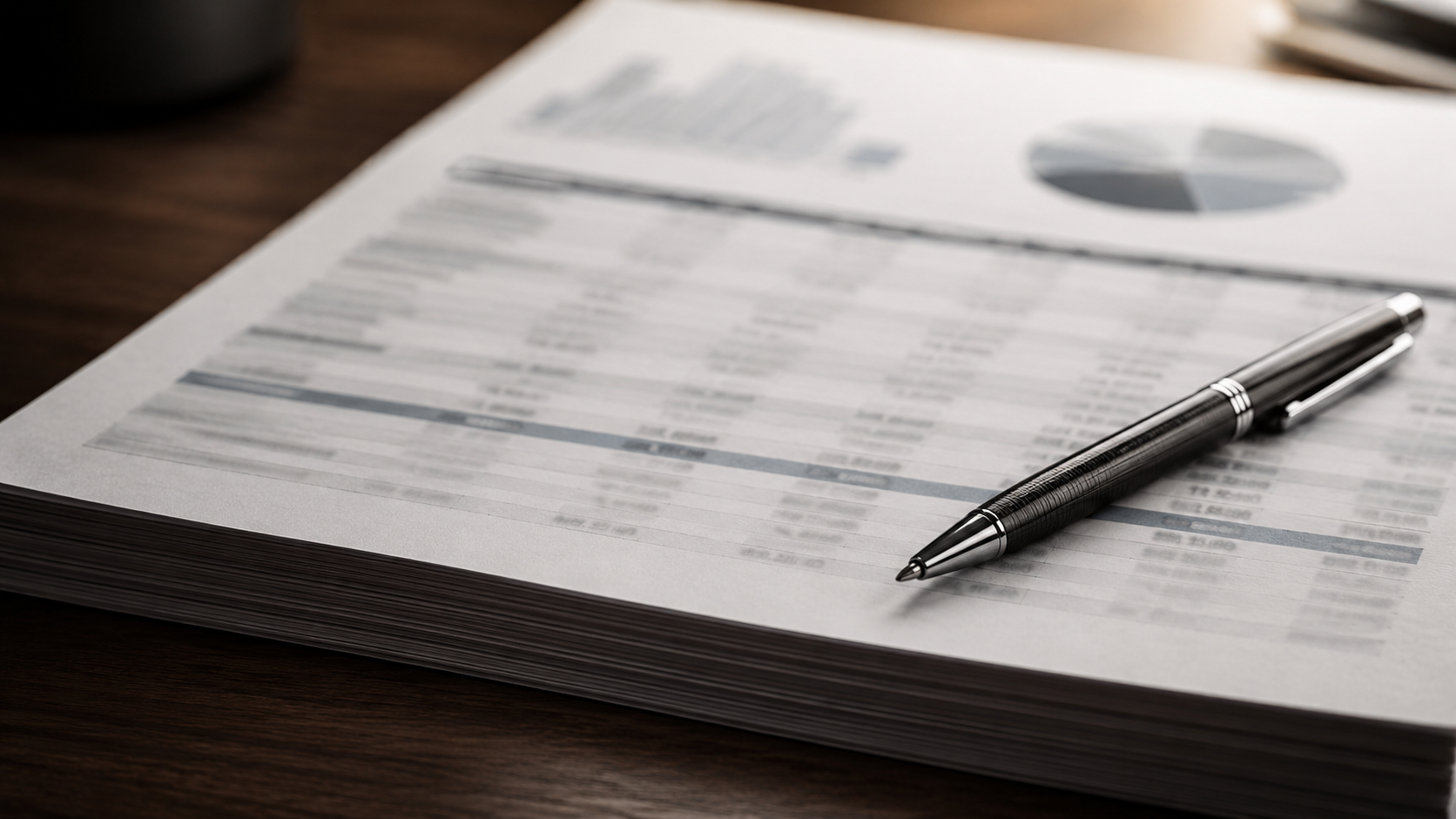 Gros plan sur un épais listing budgétaire imprimé posé sur une table, colonnes de chiffres floues et stylo posé en travers de la page.