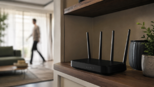 Routeur Wi-Fi posé sur une étagère de salon, une silhouette floue traversant la pièce en arrière-plan