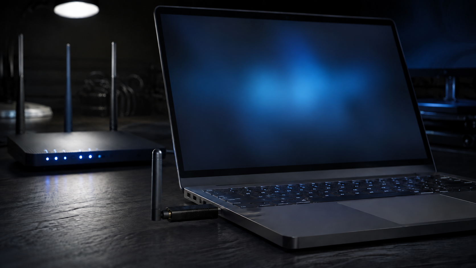 Ordinateur portable posé sur un bureau sombre affichant une capture de trames sans fil, une petite clé Wi-Fi branchée à côté