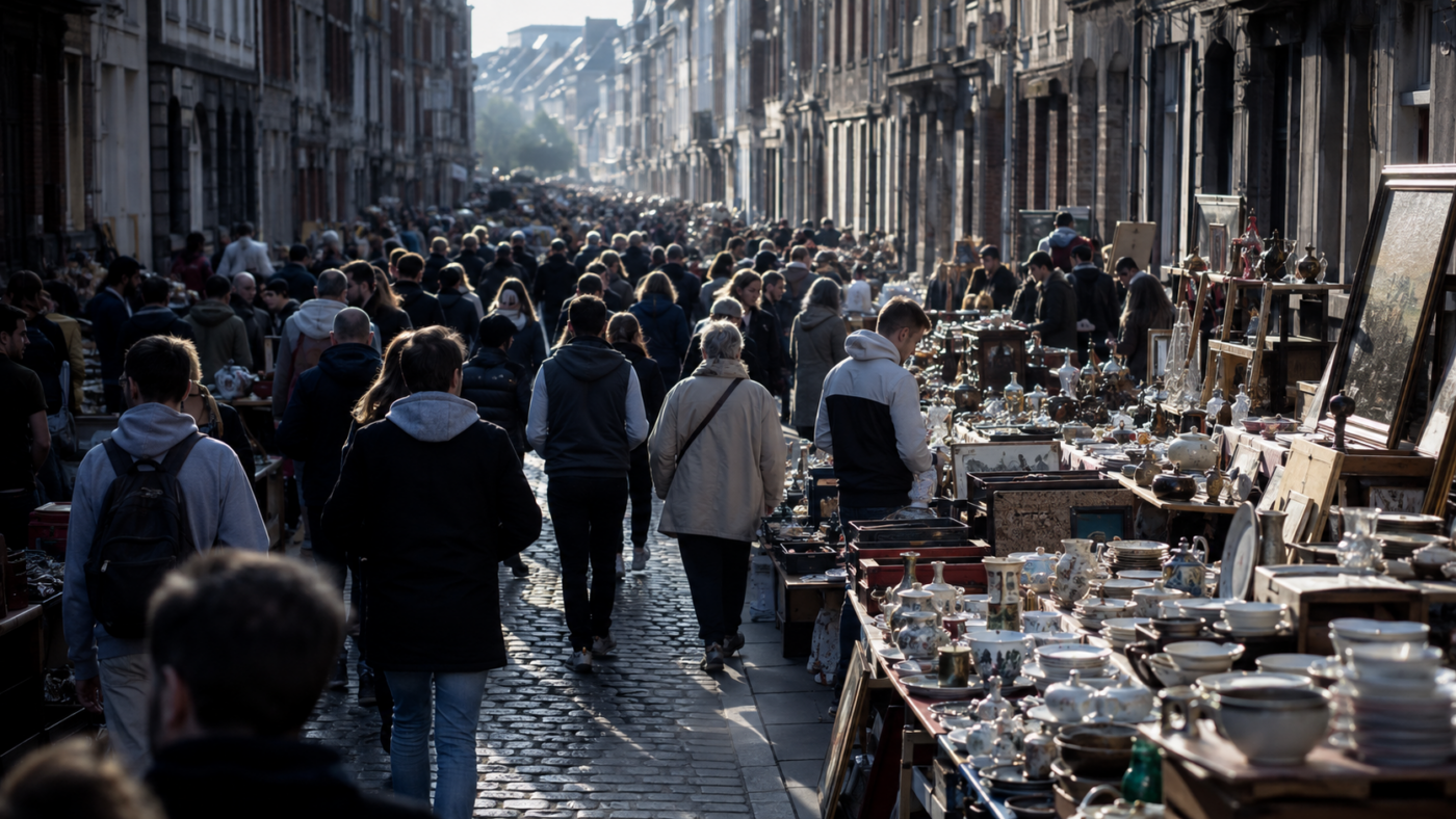 Rue pavée bondée au petit matin, bordée d'étals de brocante chargés d'objets d'occasion à perte de vue.