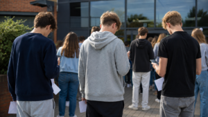 Devant un établissement britannique, des adolescents vus de dos regardent leur téléphone, quelques enveloppes blanches encore à la main.