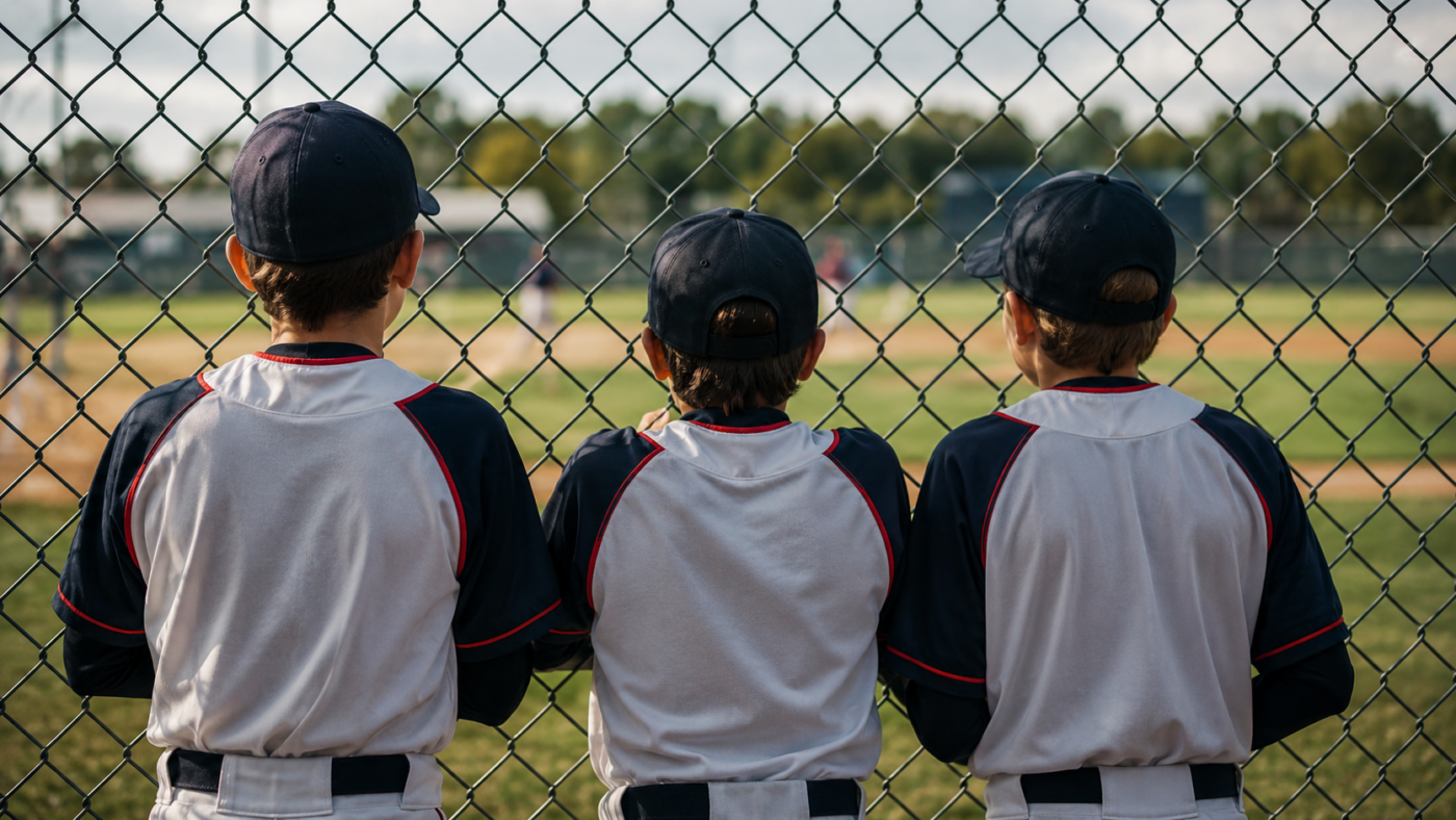 Trois jeunes joueurs de baseball vus de dos derrière une grille, sur un terrain américain, aucun visage visible.