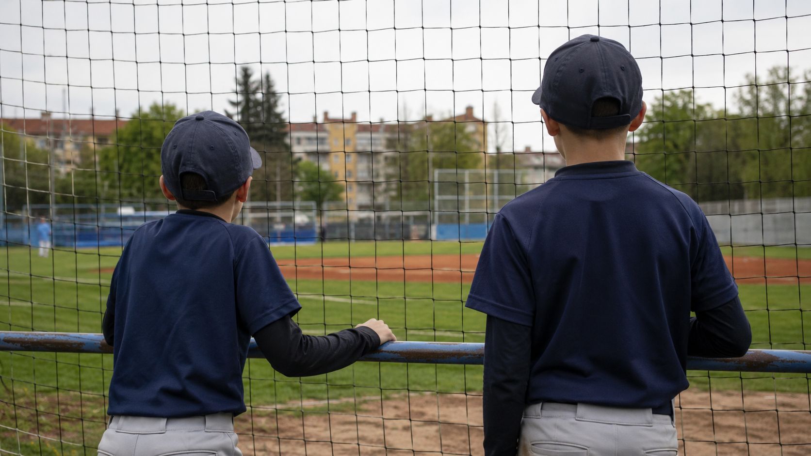 Deux enfants de dos derrière le filet d’un terrain de baseball municipal à Brno, aucun visage visible.