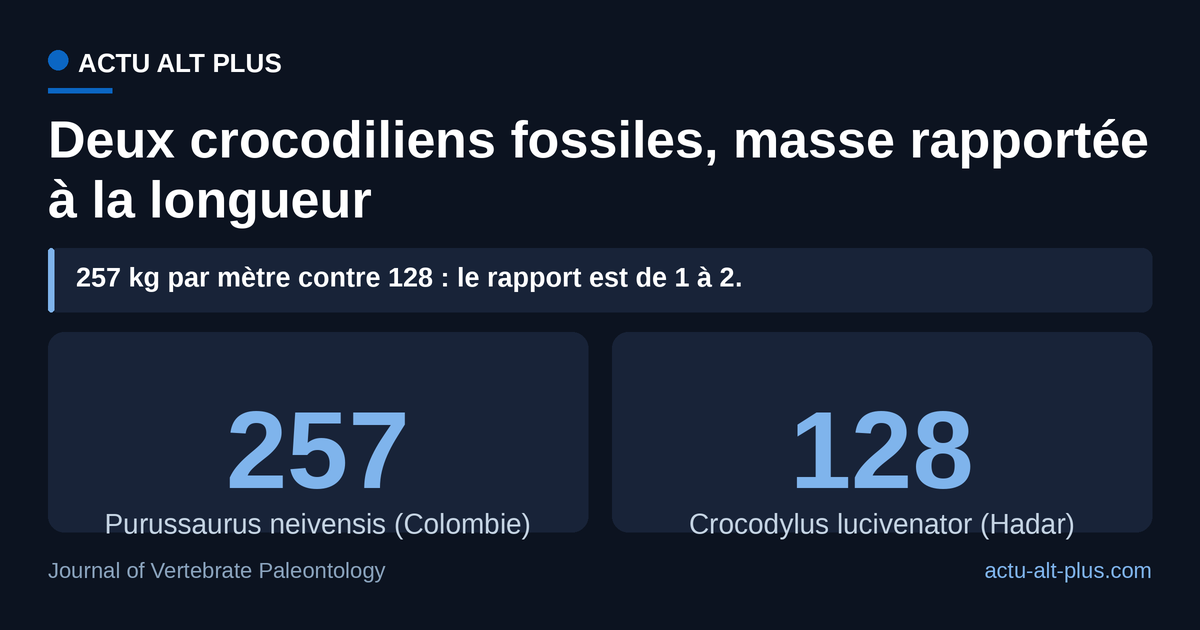 À longueur égale, le caïman colombien porte deux fois plus de masse que le crocodile de Hadar. Limite : les deux couples de valeurs sont des estimations tirées de restes partiels.