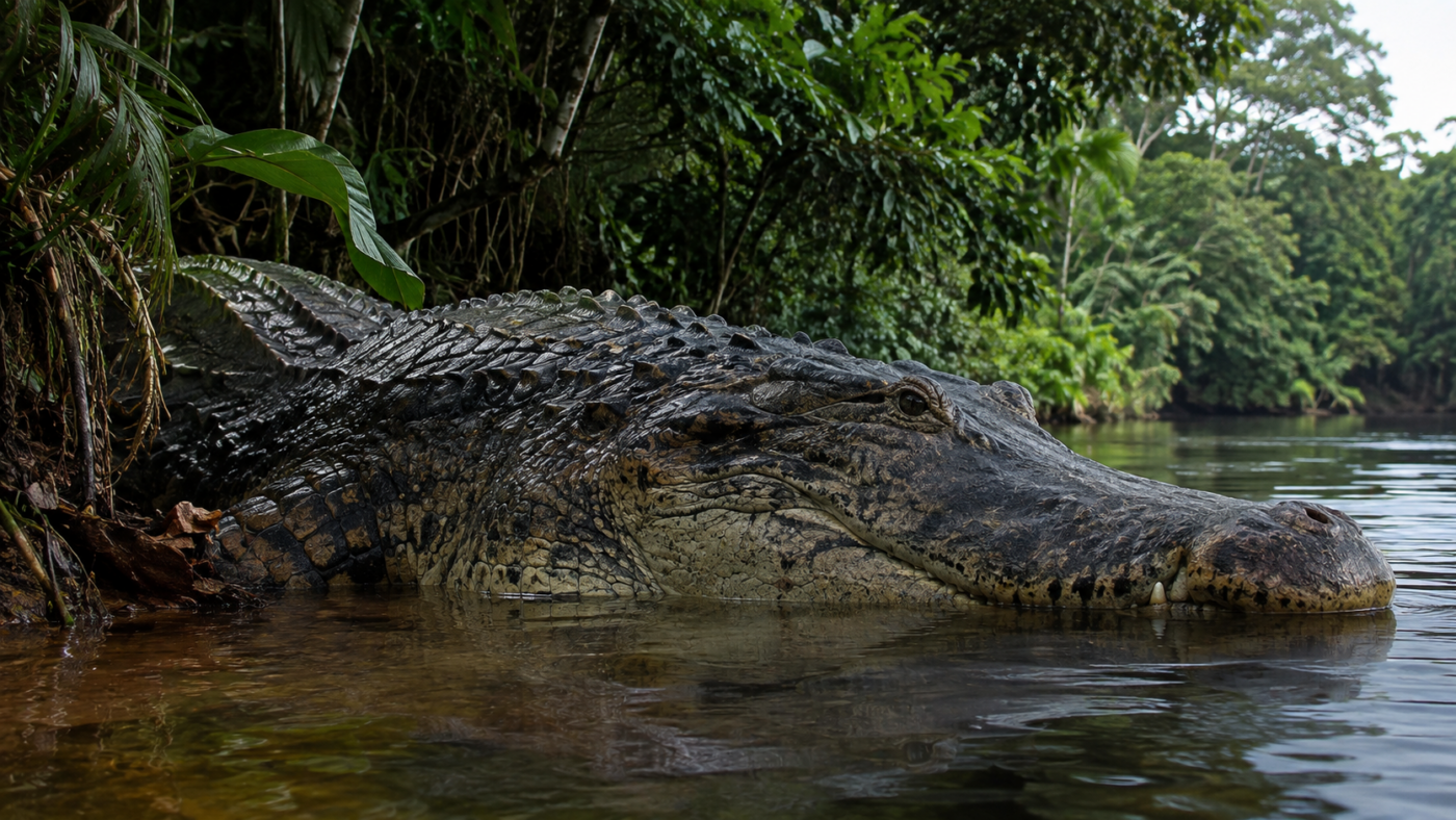 Reconstitution d’un crocodilien géant à demi immergé au bord d’une rivière tropicale bordée de végétation.