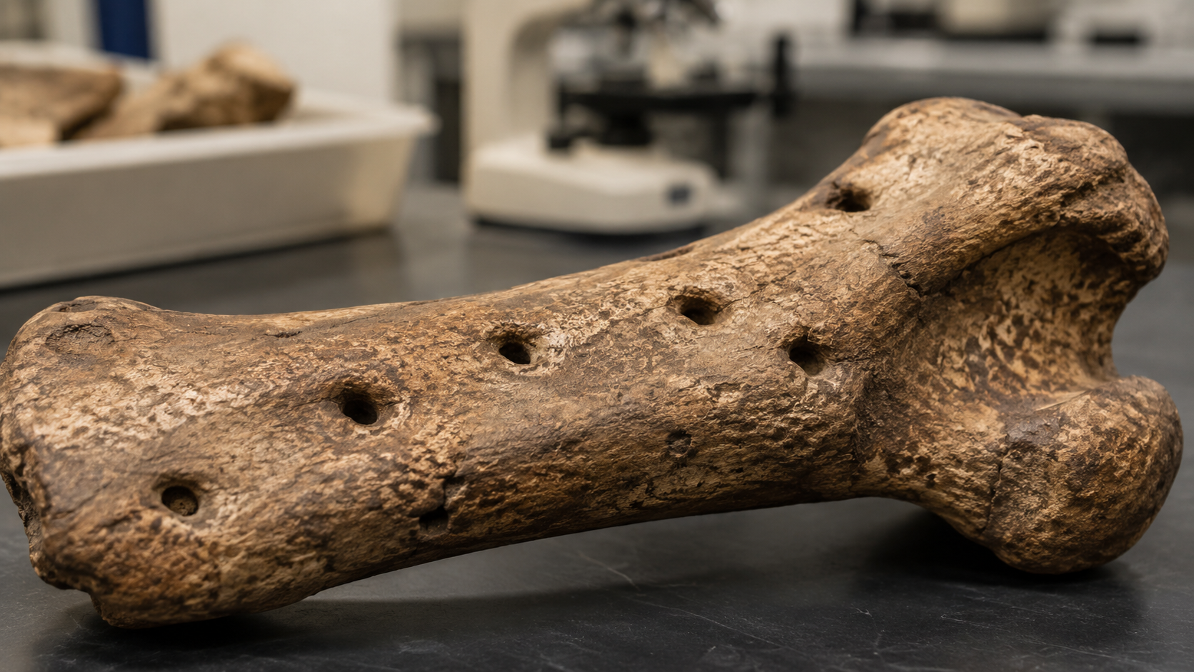 Gros plan d’un os fossile posé sur une table de laboratoire, marqué de perforations coniques.