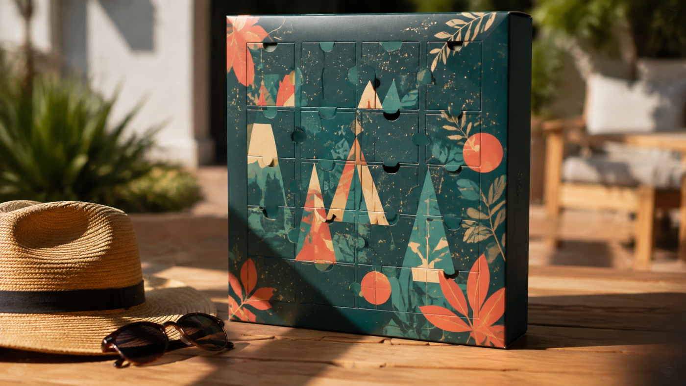 Coffret calendrier de l'avent à cases numérotées posé sur une table d'été, près d'un chapeau de paille et de lunettes de soleil en plein soleil.