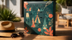 Coffret calendrier de l'avent à cases numérotées posé sur une table d'été, près d'un chapeau de paille et de lunettes de soleil en plein soleil.