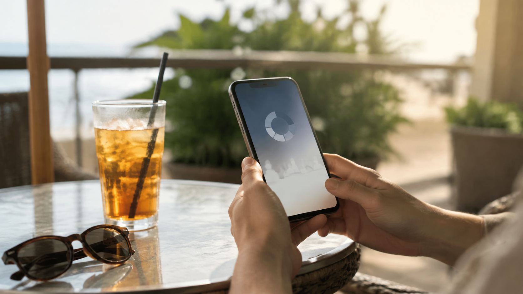 Mains tenant un téléphone affichant une file d'attente numérique abstraite, au-dessus d'une table de terrasse estivale avec une boisson glacée.