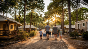 Allée de camping au soleil couchant, tentes et mobil-homes sous les pins, une famille de dos portant glacière et sièges pliants