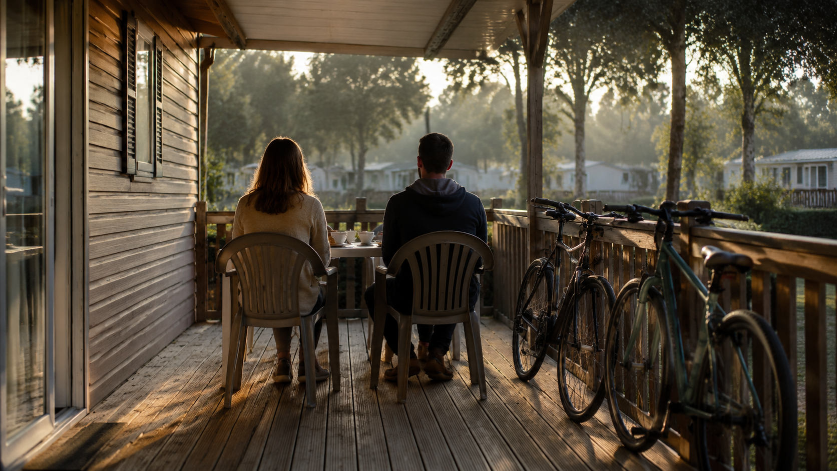 Terrasse de mobil-home au petit matin dans un camping, deux vacanciers de dos devant un petit-déjeuner, vélos appuyés contre la terrasse