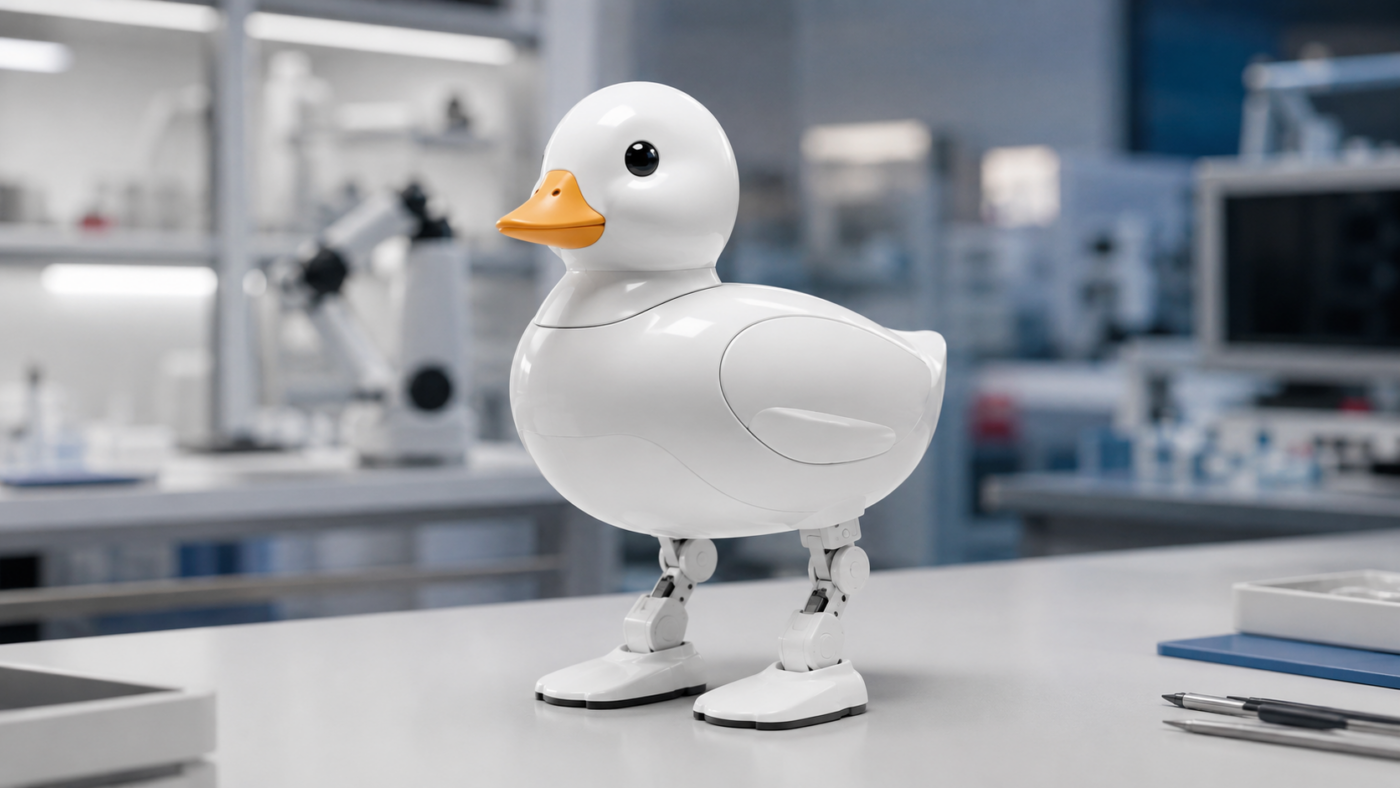 Un petit robot bipède NEUF en forme de canard, coque blanche propre et lisse sans rayure, posé sur un plan de travail d’atelier de robotique bien rangé.