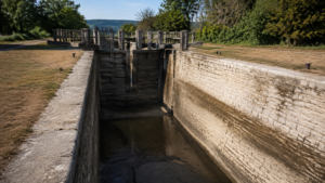 Une écluse fermée sur un canal bourguignon, portes closes et niveau d'eau très bas laissant apparaître la ligne d'eau sur les murs de pierre en plein été.