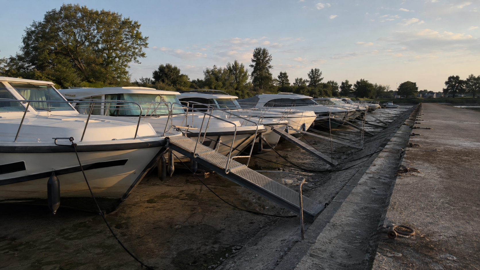 Un port de plaisance fluvial en août, bateaux de location amarrés et immobiles le long d'un quai désert.