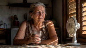 Femme âgée assise à une table de cuisine, un verre d'eau entre les mains, près d'un ventilateur, dans la lumière filtrée par des volets mi-clos.