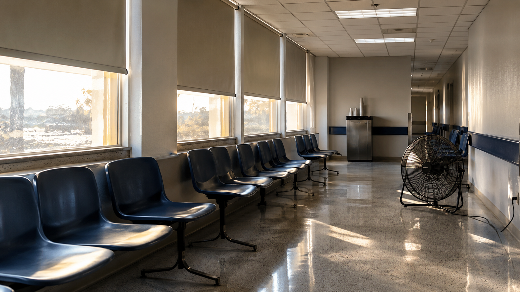 Salle d’attente vide d’un service d’urgences en été, rangées de chaises et distributeur d’eau au bout d’un couloir clair.