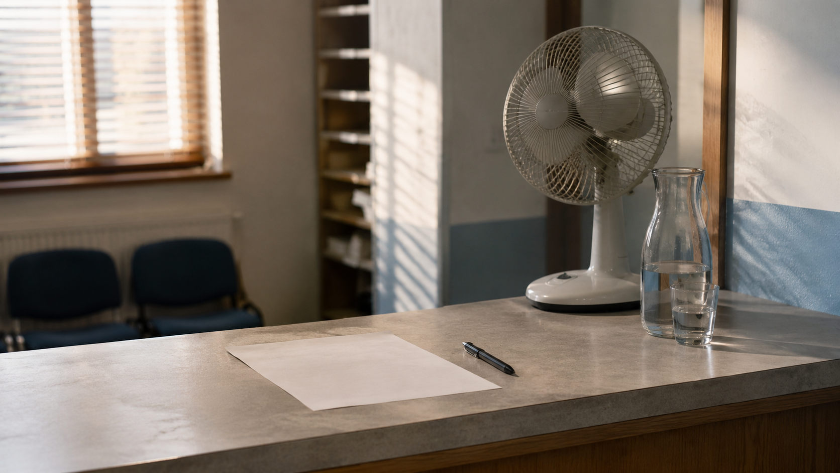 Comptoir d’accueil d’une mairie en été, un formulaire vierge et un stylo posés près d’un petit ventilateur de bureau.