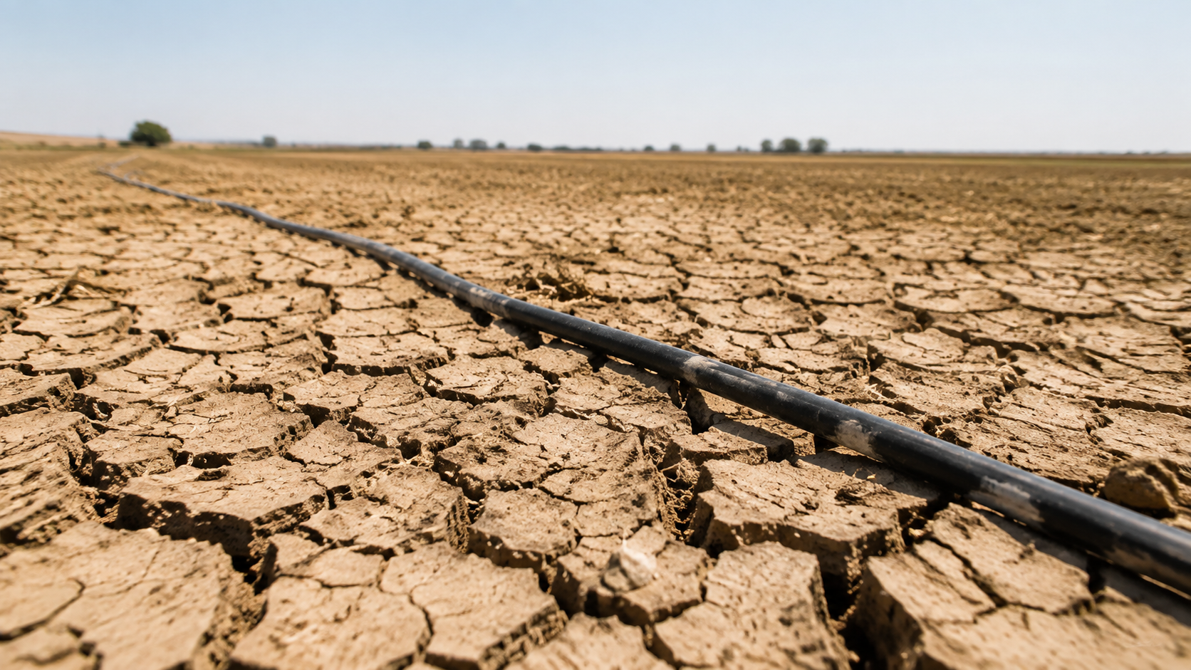 Un sol agricole craquelé par la sécheresse avec un tuyau d’irrigation posé au sol, sous un ciel de chaleur
