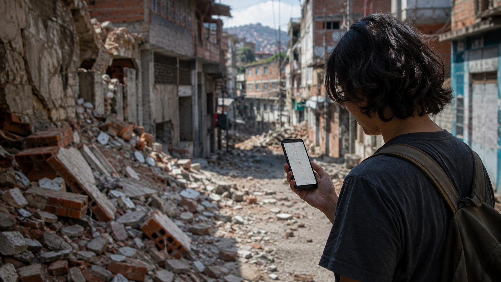 Mains tenant un téléphone qui affiche un plan de rues sans étiquettes, devant une rue de Caracas encombrée de gravats