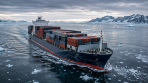 Un porte-conteneurs progresse en eau libre entre des plaques de glace flottantes sous un ciel arctique bas.