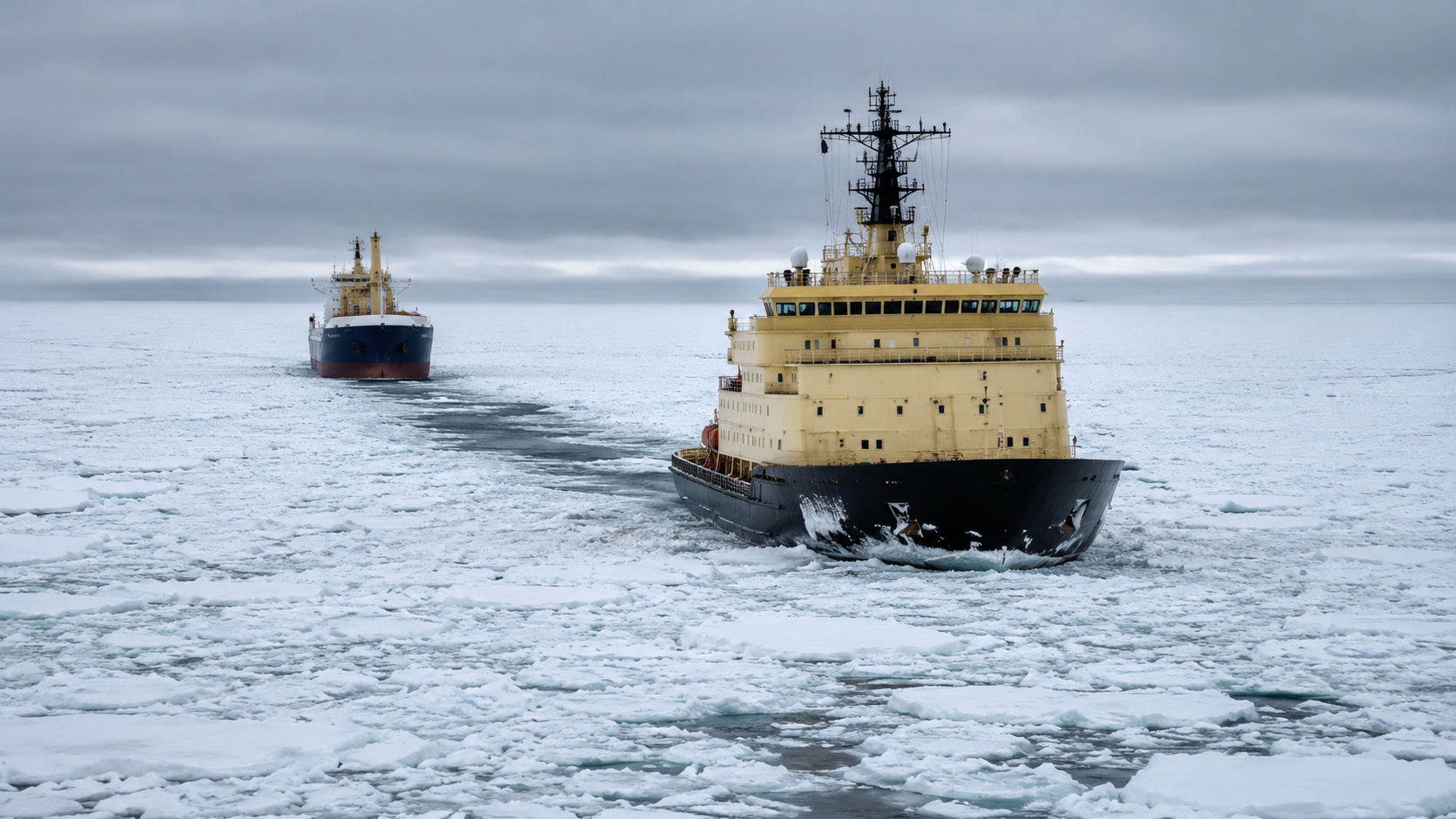 Un brise-glaces ouvre un chenal dans la banquise, un cargo suit à distance dans le sillage.