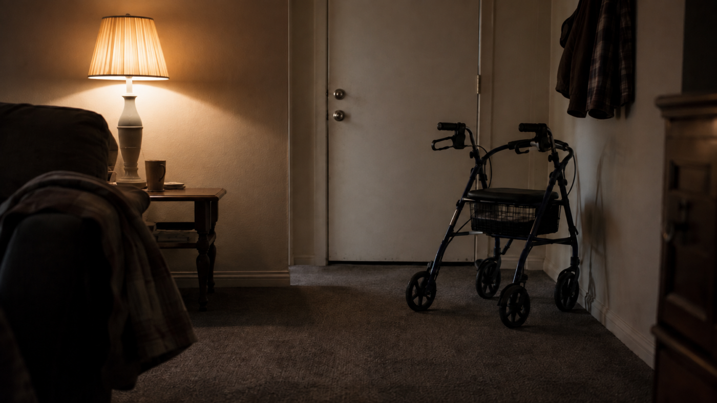 Déambulateur à quatre roues posé près de la porte fermée d’un petit appartement, moquette usée, une lampe allumée, aucune personne dans la pièce