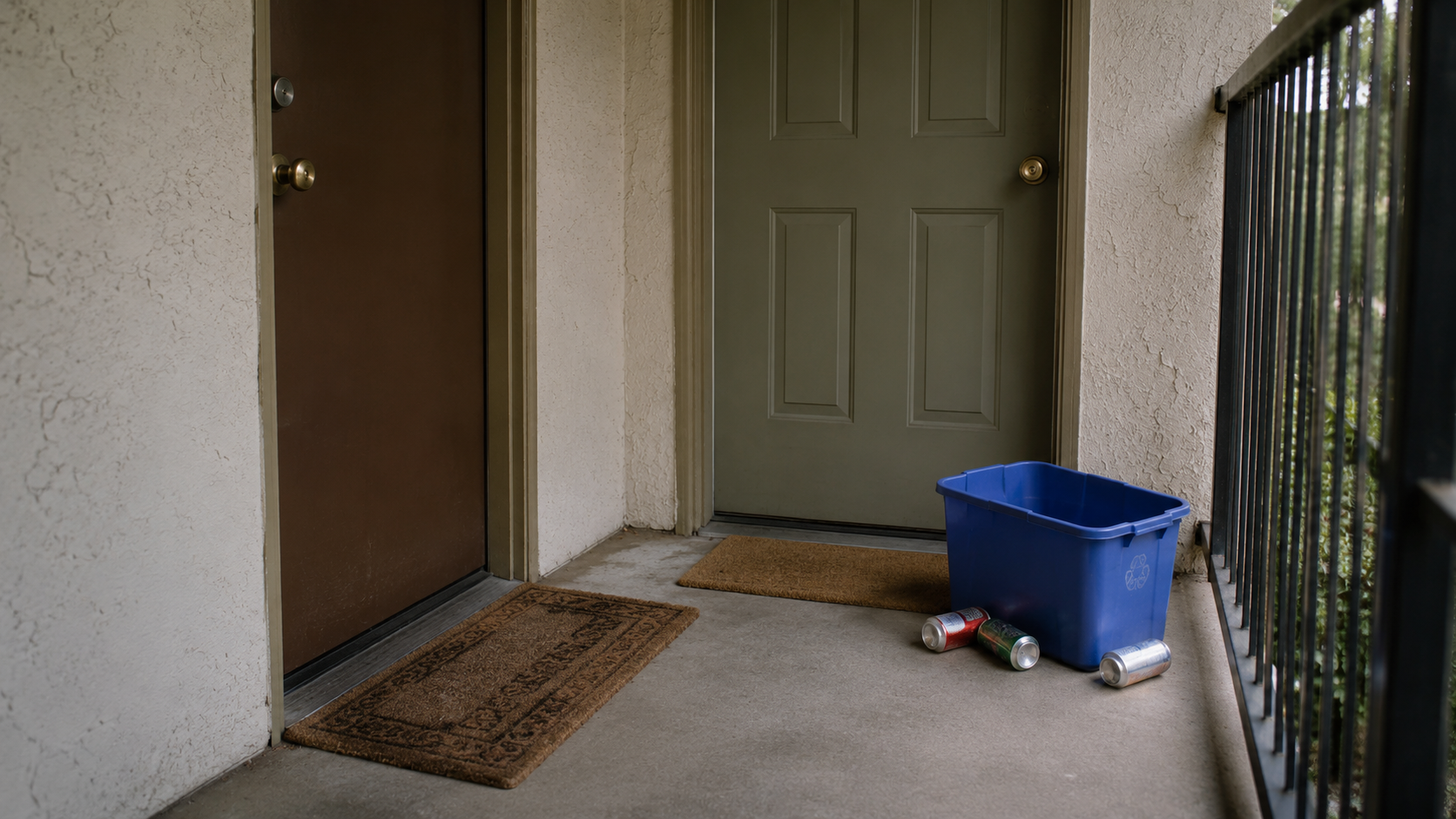 Palier extérieur d’un petit immeuble, deux portes voisines et un bac de recyclage bleu posé au sol avec quelques canettes tombées, sans personne