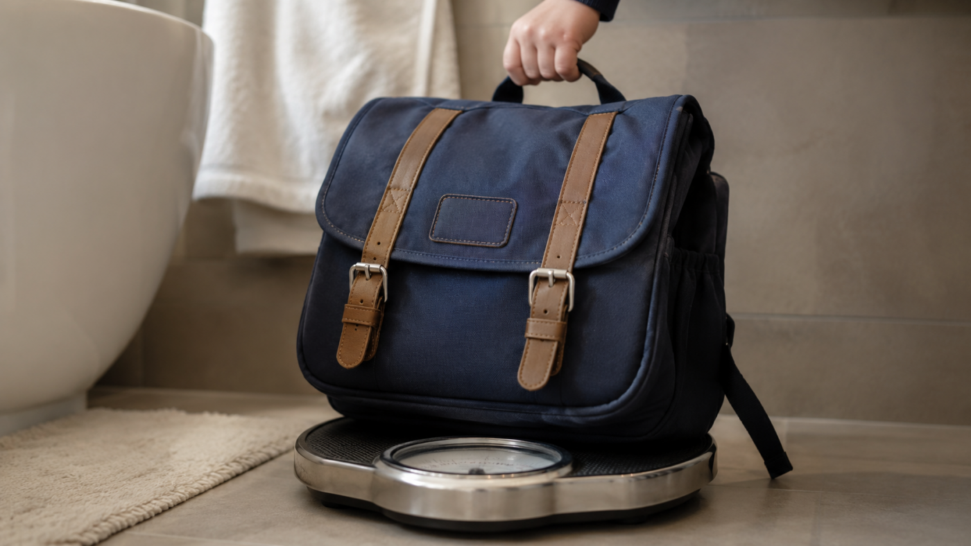 Un cartable d'écolier posé sur un pèse-personne de salle de bain, soulevé par une petite main.