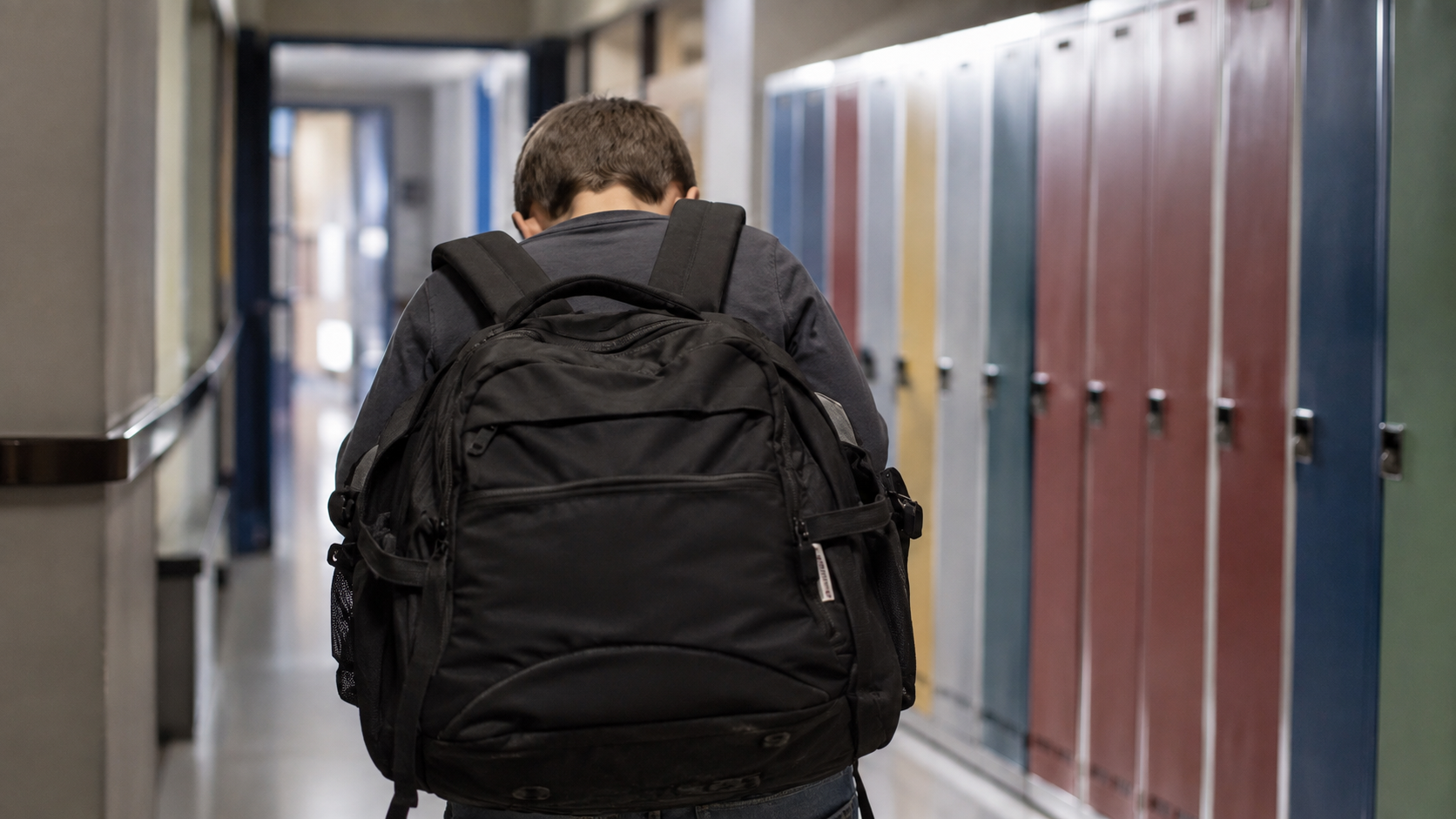 Un élève de dos dans un couloir, un cartable visiblement lourd sur les deux épaules, devant des casiers.