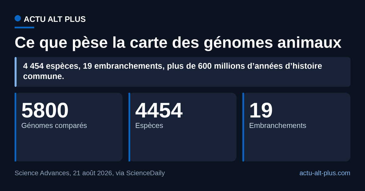 La carte tient sur 4 454 espèces : la génomique animale à l’échelle du chromosome reste un échantillon. Limite : avec plus de 5 800 assemblages pour 4 454 espèces, la plupart n’y figurent qu’avec un seul génome.