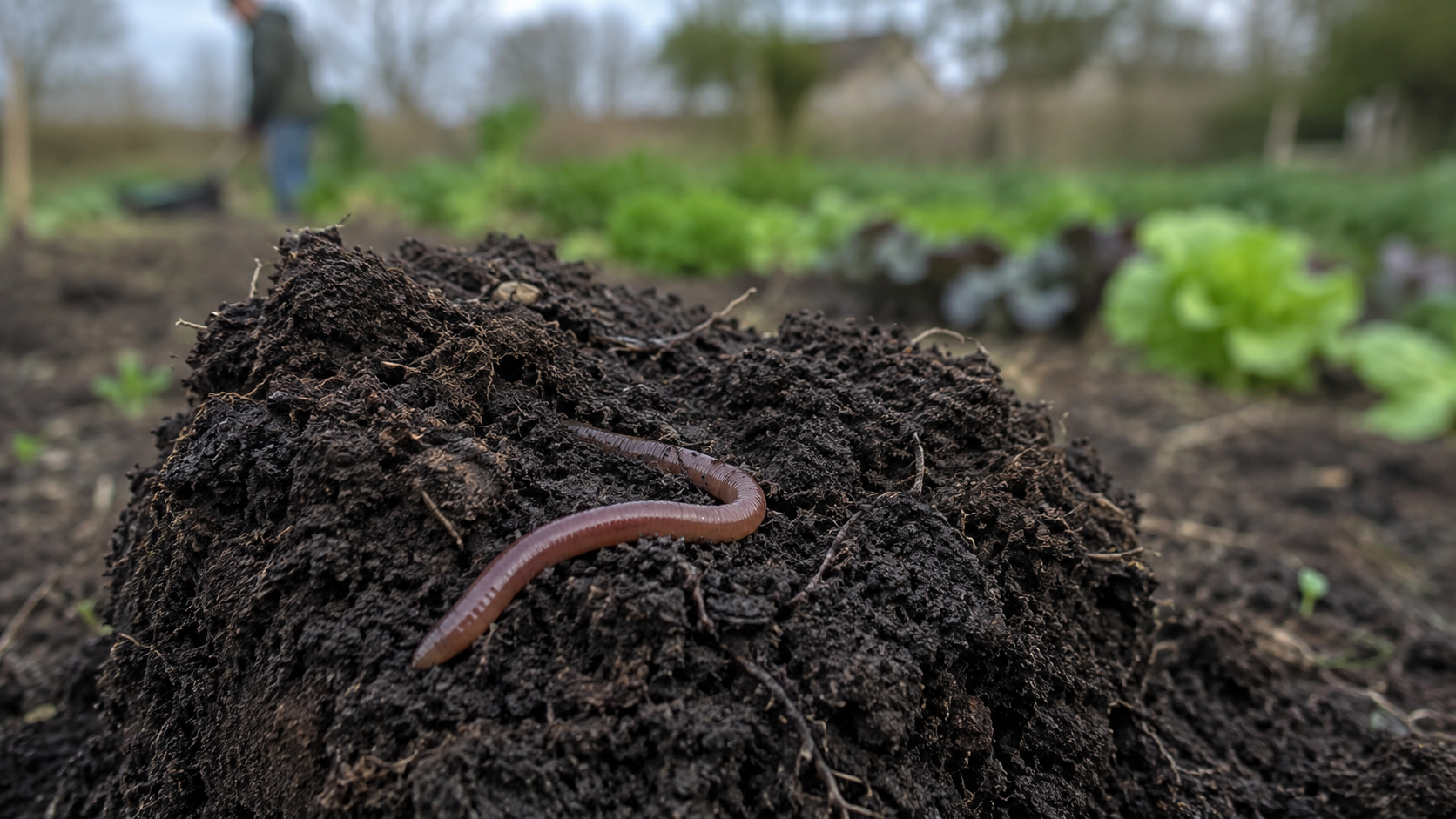 Un ver de terre sur une motte de terre sombre et grumeleuse, dans un potager, un jardinier flou à l'arrière-plan.