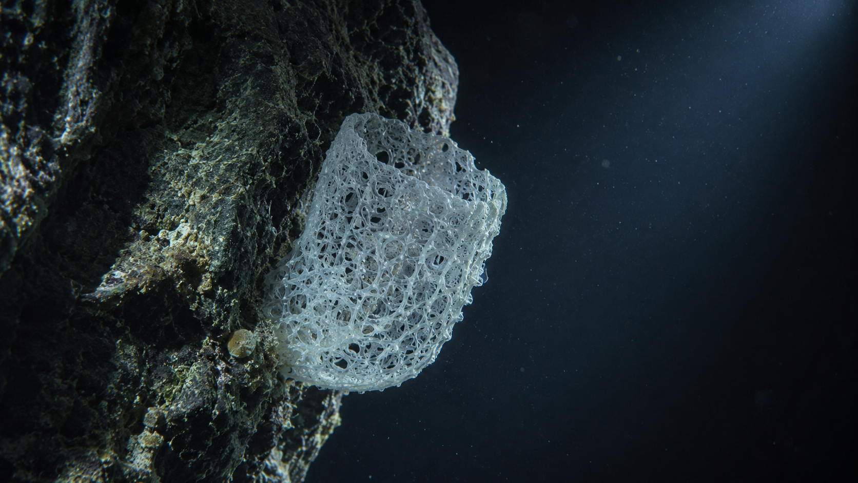 Éponge de verre au squelette de silice ajouré accrochée à une roche sombre, éclairée par le faisceau d’un engin sous-marin