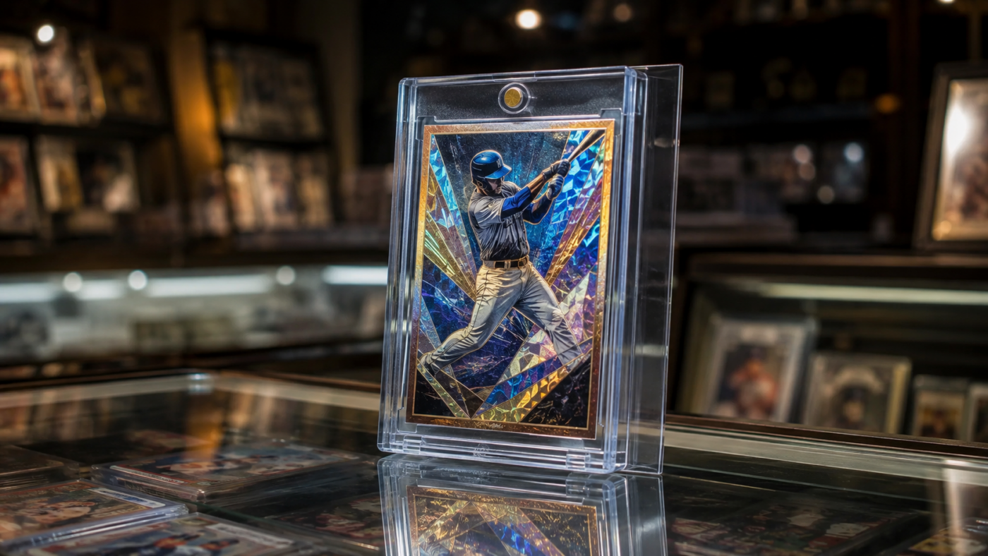 Une carte de baseball haut de gamme, glissée dans un étui de protection transparent, posée sur le comptoir vitré d'une boutique de collectionneurs faiblement éclairée.