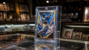 Une carte de baseball haut de gamme, glissée dans un étui de protection transparent, posée sur le comptoir vitré d'une boutique de collectionneurs faiblement éclairée.