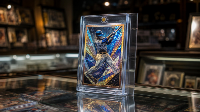Une carte de baseball haut de gamme, glissée dans un étui de protection transparent, posée sur le comptoir vitré d'une boutique de collectionneurs faiblement éclairée.