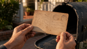 Deux mains tiennent une carte postale jaunie au-dessus d’une boîte aux lettres ouverte, l’écriture manuscrite et deux cachets d’encre visibles au dos.