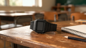 Petite montre digitale noire en résine posée sur un pupitre en bois usé, à côté d’un cahier à spirale et d’un crayon.